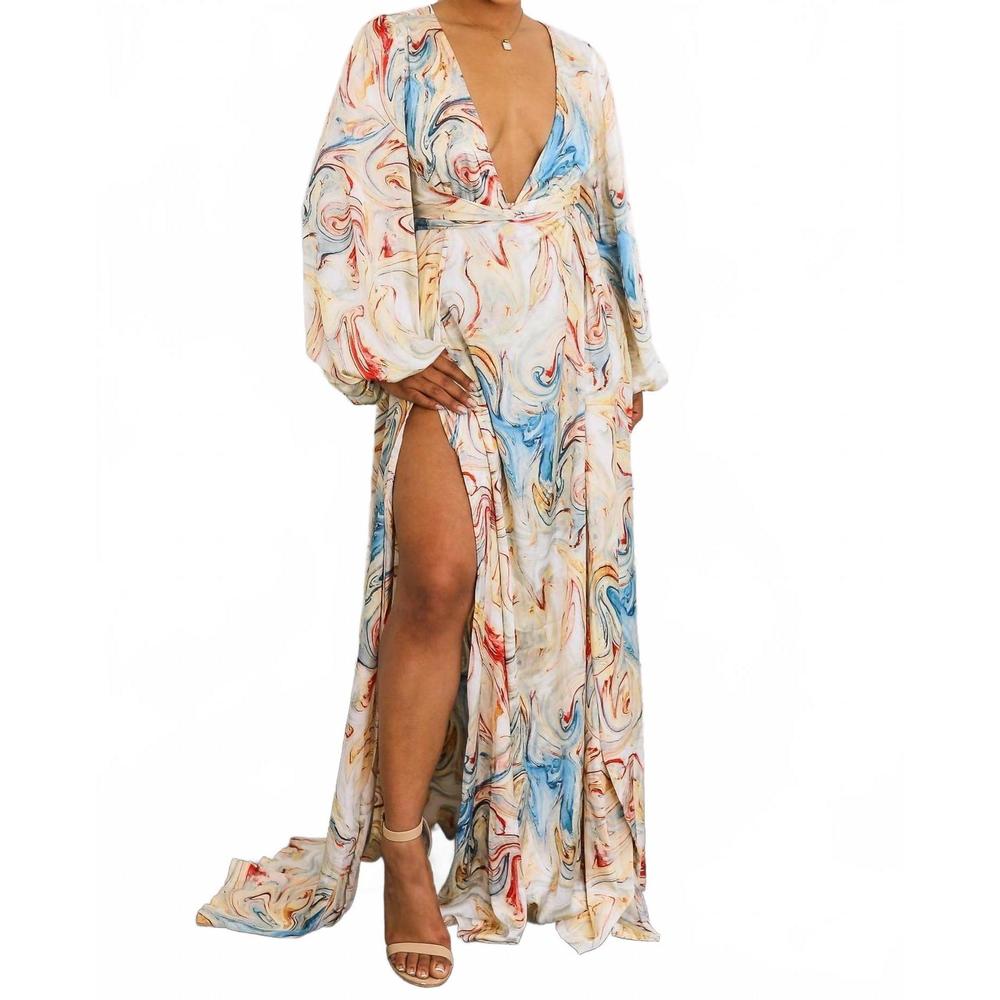 NEW SURELYMINE marble swirl kimono maxi dress with slits boho resort style in mu - Picture 7 of 10
